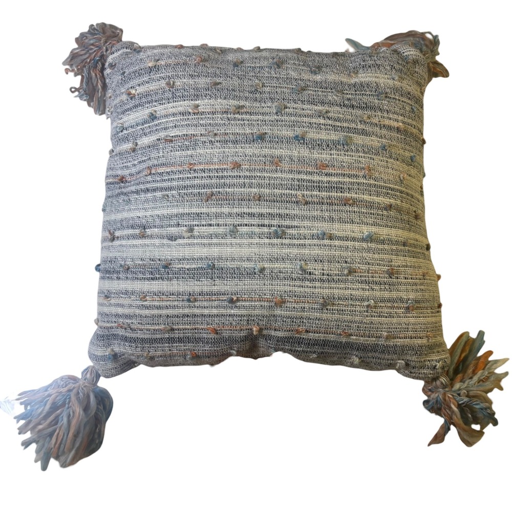 Artistic‎ Accents Blue Cream Striped Woven Tassel Throw Pillow 18x18 Boho Decor